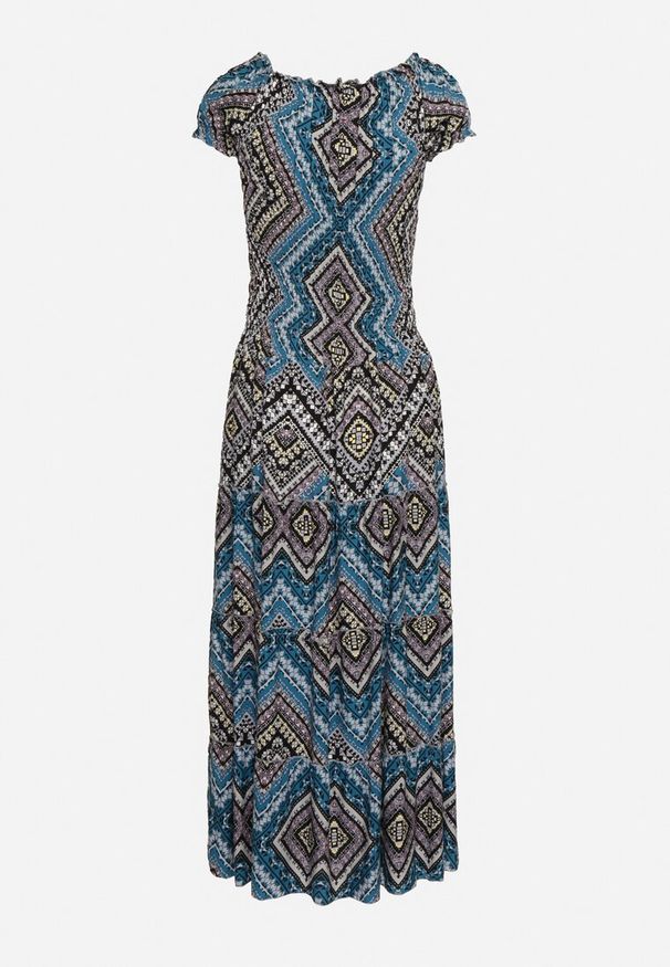 Born2be - Zielono-Niebieska Bawełniana Sukienka Hiszpanka w Etno Wzór z Gumką w Pasie Kinetha. Typ kołnierza: dekolt hiszpanka. Kolor: zielony. Materiał: bawełna. Styl: etno