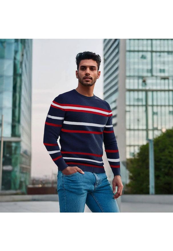 Sweter z Dzianiny Bawełnianej - w Paski - Pako Jeans - Granatowy. Kolor: niebieski. Materiał: bawełna. Wzór: paski. Styl: klasyczny, elegancki