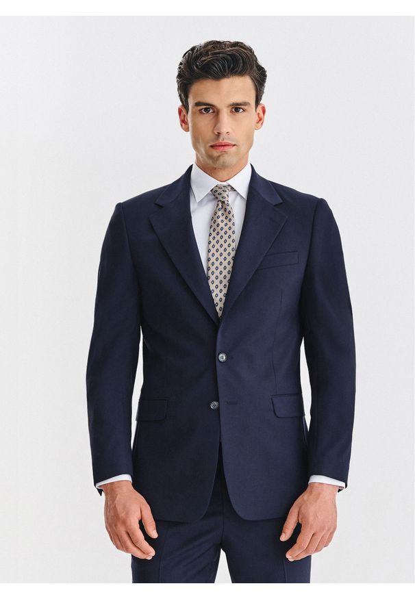 Pako Lorente - PAKO LORENTE - Wełniany granatowy garnitur męski. Kolor: niebieski. Materiał: wełna