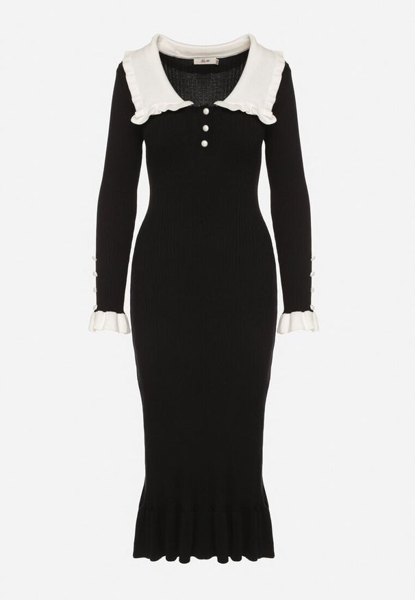 Born2be - Czarna Dzianinowa Sukienka Retro z Wiskozą z Kołnierzykiem i Falbanami Hanlira. Okazja: na co dzień. Kolor: czarny. Materiał: wiskoza, dzianina. Styl: retro