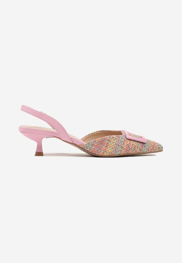 Renee - Różowe Czółenka na Kaczuszce Slingback Ozdobione Klamrą Korreia. Okazja: na co dzień. Zapięcie: klamry. Kolor: różowy. Materiał: jeans. Wzór: aplikacja. Obcas: na szpilce. Styl: elegancki, casual. Wysokość obcasa: średni