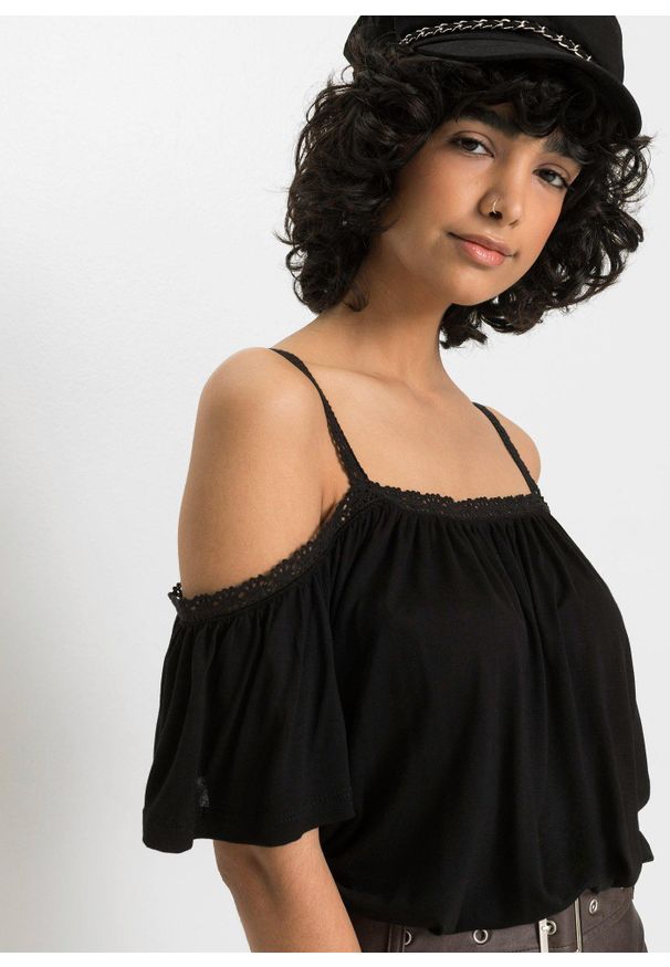 bonprix - T-shirt z odkrytymi ramionami z miękkiej wiskozy. Kolor: czarny. Materiał: wiskoza, koronka. Wzór: koronka