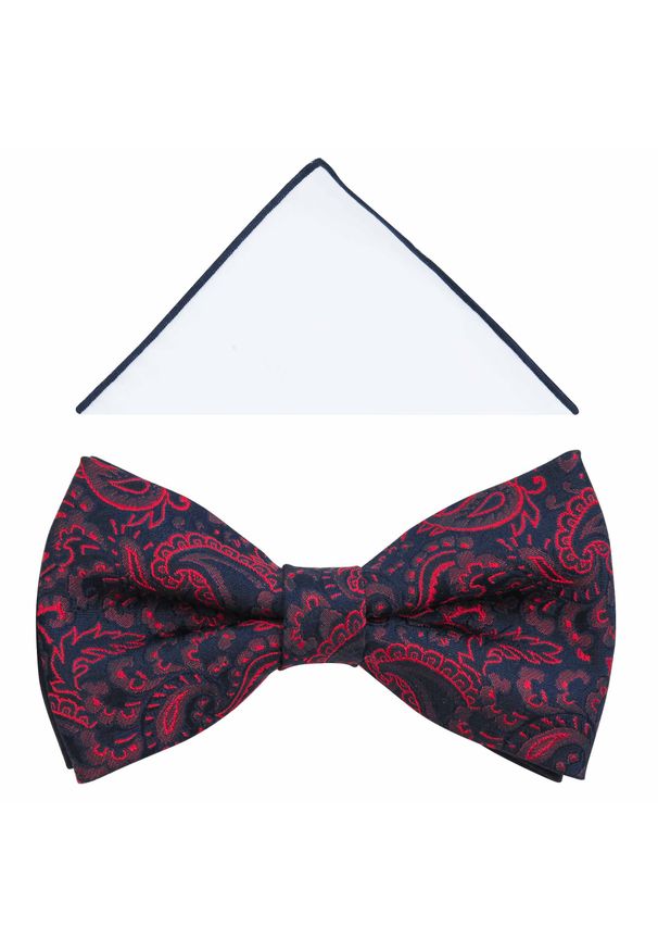 Modini - Granatowo-czerwona muszka we wzór - paisley A365. Kolor: niebieski, czerwony, wielokolorowy. Materiał: tkanina, poliester. Wzór: paisley. Styl: elegancki