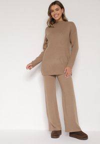 Born2be - Ciemnobeżowy Dzianinowy Komplet z Bawełną i Wełną Długi Sweter i Szerokie Spodnie Reinesa. Kolor: beżowy. Materiał: wełna, bawełna, dzianina #6