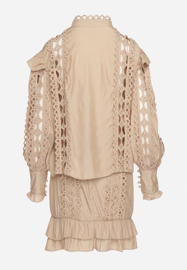 Born2be - Beżowy Ażurowy Komplet z Dodatkiem Bawełny Koszula z Perełkowymi Guzikami i Spódnica Leniyana. Kolor: beżowy. Materiał: bawełna. Wzór: ażurowy