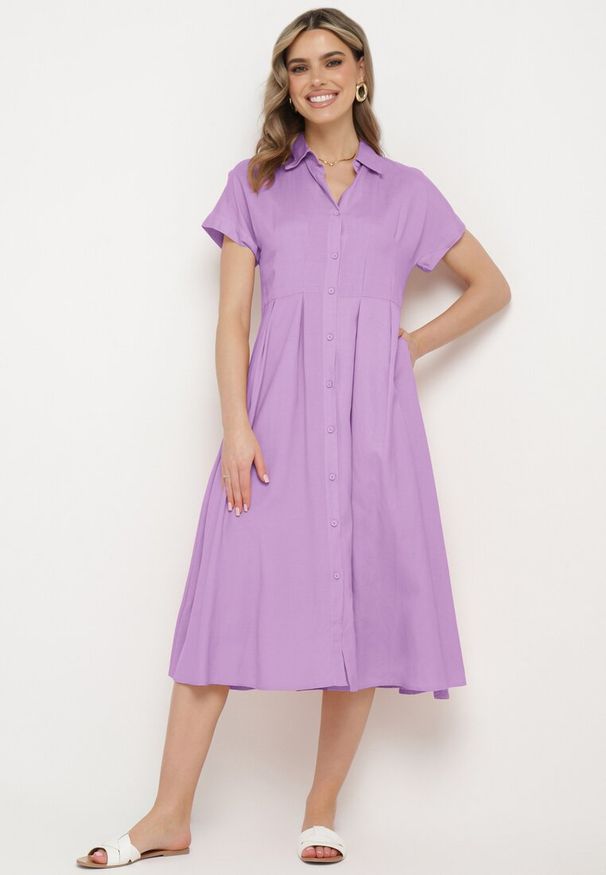 Born2be - Fioletowa Koszulowa Sukienka z Lnem i Wiskozą Ircilla. Okazja: na spacer. Kolor: fioletowy. Materiał: wiskoza, len. Długość rękawa: krótki rękaw. Typ sukienki: koszulowe