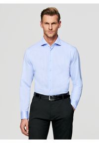 Pako Lorente - PAKO LORENTE - Niebieska koszula w prążek. Typ kołnierza: kołnierzyk włoski. Kolor: niebieski. Materiał: dzianina, poliester, bawełna. Długość rękawa: długi rękaw. Długość: długie. Wzór: prążki #1
