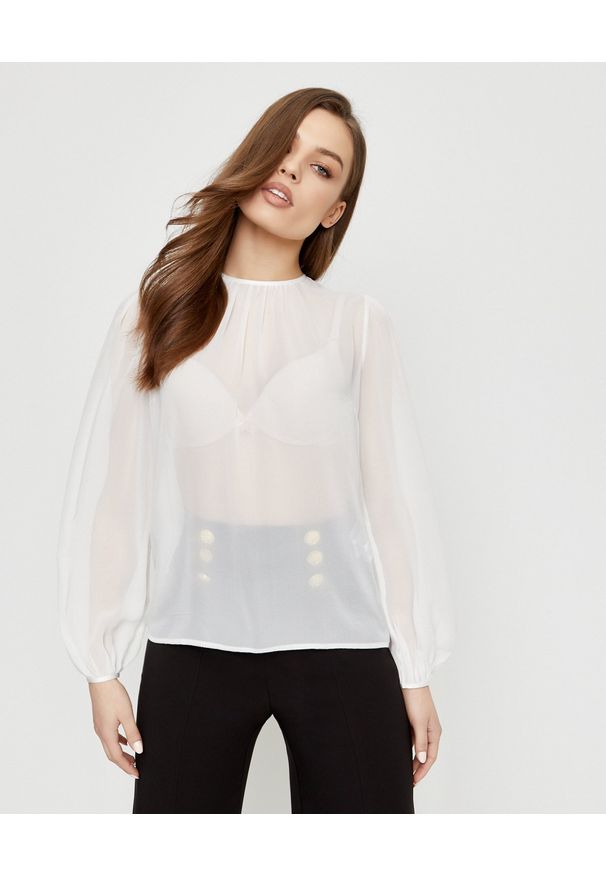 Elisabetta Franchi - ELISABETTA FRANCHI - Biała koszula z jedwabiu. Kolor: biały. Materiał: jedwab. Długość: długie. Styl: elegancki