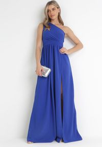 Born2be - Granatowa Sukienka Maxi Na Jedno Ramię z Rozcięciem na Dole Jasminta. Okazja: na wesele, na ślub cywilny, na imprezę. Kolekcja: dla wysokich. Kolor: niebieski. Długość rękawa: bez rękawów. Wzór: aplikacja. Typ sukienki: asymetryczne. Styl: elegancki. Długość: maxi #4