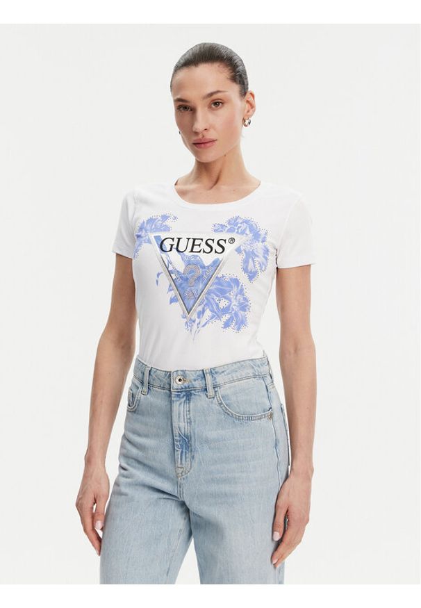 Guess T-Shirt W5GI08 J1314 Biały Slim Fit. Kolor: biały. Materiał: bawełna