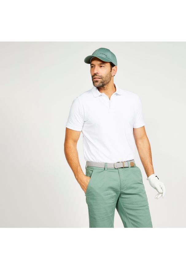 INESIS - Koszulka polo do golfa męska Inesis MW500. Typ kołnierza: golf, polo. Kolor: biały. Materiał: poliester, bawełna, materiał. Wzór: ze splotem. Styl: klasyczny