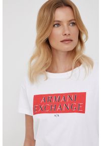 Armani Exchange t-shirt bawełniany kolor biały. Kolor: biały. Materiał: bawełna. Długość rękawa: krótki rękaw. Długość: krótkie. Wzór: nadruk