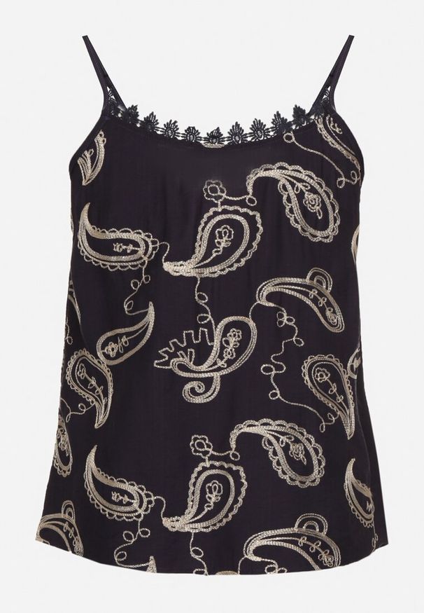 Born2be - Granatowy Top na Cienkich Ramiączkach z Haftem i Metaliczną Nicią Palinoria. Okazja: na spacer, na co dzień. Kolor: niebieski. Materiał: jeans. Długość rękawa: na ramiączkach. Wzór: haft. Styl: elegancki, casual, klasyczny