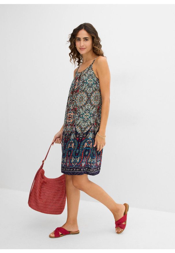 bonprix - Sukienka na ramiączkach z lejącej wiskozy. Kolor: niebieski. Materiał: wiskoza. Długość rękawa: na ramiączkach. Wzór: paisley