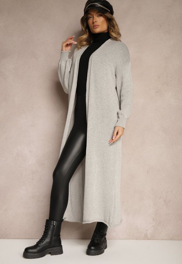 Renee - Szary Jednolity Kardigan o Przedłużonym Kroju ze Ściągaczami Terrin. Kolor: szary. Materiał: jeans. Wzór: jednolity. Styl: elegancki