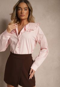 Renee - Różowa Bawełniana Koszula z Ozdobnym Kołnierzykiem Rulinea. Okazja: na co dzień. Kolor: różowy. Materiał: bawełna. Styl: elegancki, casual