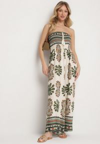 Born2be - Zielono-Kremowy Kombinezon Bez Rękawów z Szeroką Nogawką w Ornamentalny Wzór Mirionia. Okazja: na co dzień, na imprezę. Kolor: zielony. Długość rękawa: bez rękawów. Styl: casual, elegancki #1