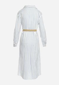 Born2be - Biało-Niebieska Jasna Sukienka Midi w Koszulowym Stylu z Lnem i Paskiem z Klamrą Egogia. Okazja: na co dzień. Kolor: biały. Materiał: len. Długość rękawa: długi rękaw. Wzór: aplikacja. Typ sukienki: koszulowe. Styl: casual, elegancki, klasyczny. Długość: midi #3