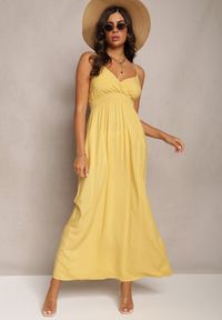 Renee - Żółta Sukienka Sterinig. Kolor: żółty. Materiał: bawełna. Długość rękawa: na ramiączkach. Typ sukienki: kopertowe. Długość: maxi