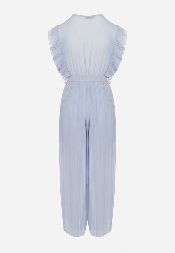 Born2be - Jasnoniebieski Plisowany Kombinezon z Szerokimi Nogawkami i Wiązanym Paskiem Audra. Okazja: na co dzień. Kolor: niebieski. Sezon: wiosna, lato. Styl: casual, elegancki