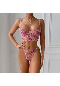 Intica - Komplet bielizny z kwiatowym haftem i koronkowym wykończeniem Keziban. Kolor: różowy. Materiał: koronka. Wzór: kwiaty, haft #4