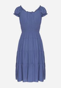 Born2be - Granatowa Bawełniana Rozkloszowana Sukienka z Guzikami i Bufiastymi Rękawami Annivi. Okazja: na co dzień. Kolor: niebieski. Materiał: bawełna. Styl: klasyczny, casual, elegancki #5