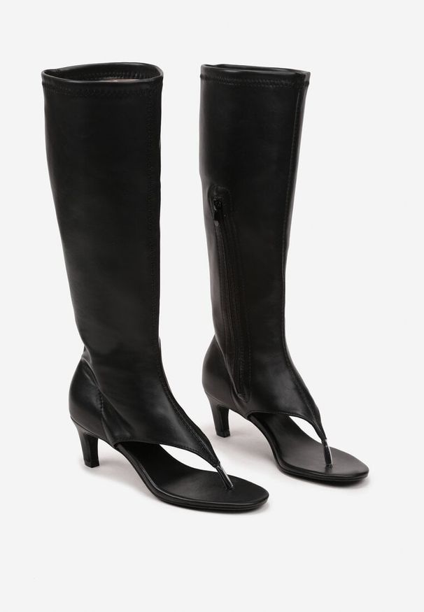 Renee - Czarne Botki Peep Toe z Noskiem Typu Japonki na Kaczuszce Menilea. Okazja: na co dzień. Nosek buta: otwarty. Zapięcie: zamek. Kolor: czarny. Materiał: jeans. Obcas: na szpilce. Styl: wizytowy, casual. Wysokość obcasa: średni