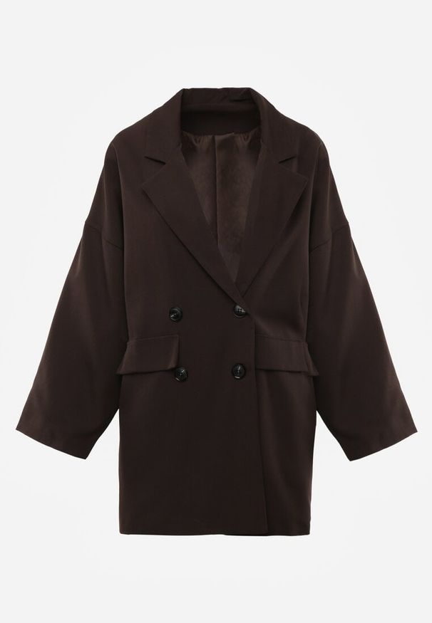 Renee - Brązowa Oversizowa Marynarka z Klapami i Dwurzędowym Zapięciem Sinthelis. Okazja: na spotkanie biznesowe, na co dzień. Kolor: brązowy. Wzór: aplikacja. Styl: elegancki, biznesowy, casual