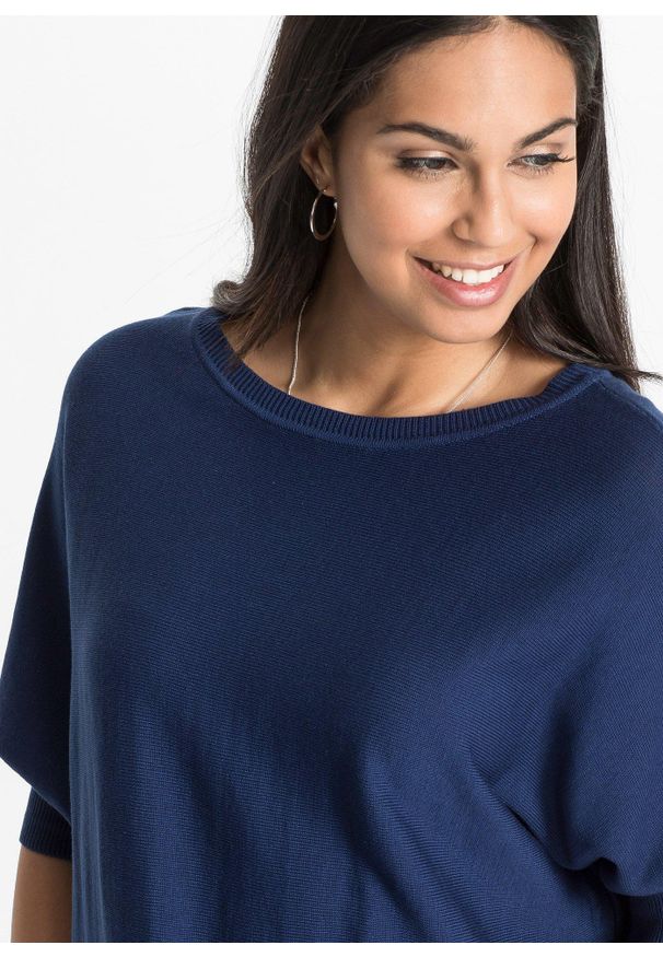 bonprix - Sweter z cienkiej dzianiny z mieszanki bawełny. Kolor: niebieski. Materiał: dzianina, bawełna. Długość rękawa: krótki rękaw. Długość: krótkie. Wzór: gładki, ze splotem