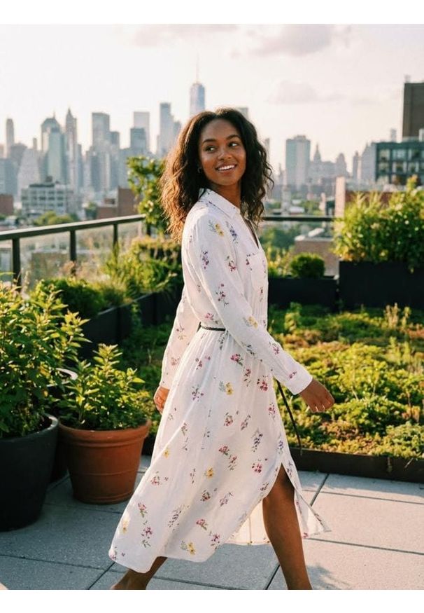 Sinsay - Koszulowa sukienka midi z wiskozą i domieszką lnu w kwiatowy nadruk - wielobarwny. Materiał: wiskoza, len. Wzór: nadruk, kwiaty. Typ sukienki: koszulowe. Długość: midi