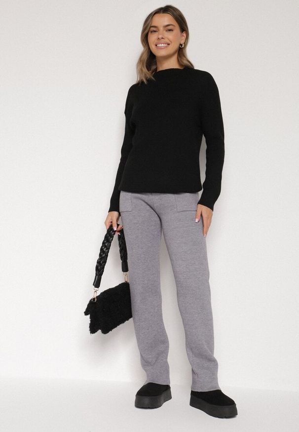Born2be - Szare Sweterkowe Spodnie z Wełną z Ozdobnymi Kieszeniami Monilana. Okazja: na co dzień. Kolor: szary. Materiał: wełna. Styl: casual