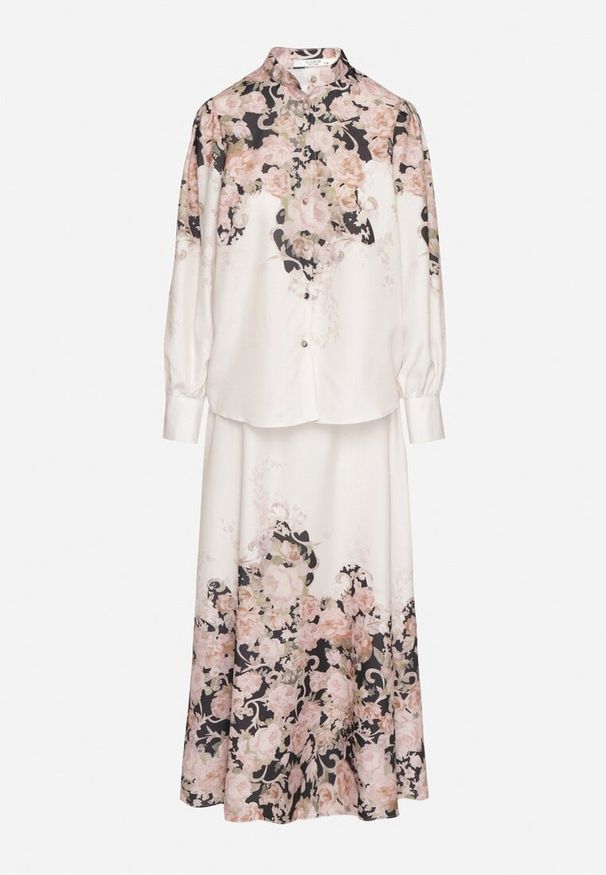 Born2be - Beżowy Wiskozowy Komplet w Kwiatowy Wzór Koszula i Rozkloszowana Spódnica Belinoris. Kolor: beżowy. Materiał: wiskoza. Wzór: kwiaty