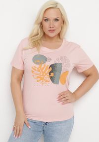 Born2be - Jasnoróżowy Bawełniany T-shirt z Nadrukiem i Cyrkoniami Tiimauni. Okazja: na co dzień. Kolor: różowy. Materiał: bawełna. Wzór: nadruk. Styl: casual, klasyczny #1