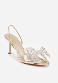 Born2be - Złote Eleganckie Sandały Transparentne VICES na Szpilce z Kokardą z Cyrkoniami Pirera. Okazja: na komunię, na wesele, na studniówkę, na ślub cywilny. Zapięcie: pasek. Kolor: złoty. Obcas: na szpilce. Styl: elegancki #3