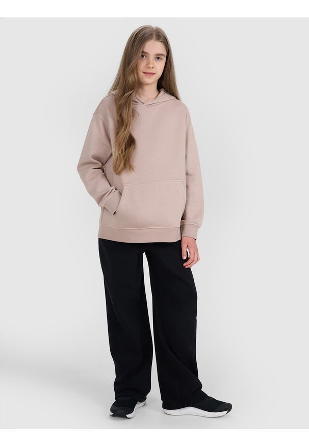 4f - 4F Bluza dresowa nierozpinana z kapturem dziewczęca - beżowa 128 (7-8 lat). Okazja: na co dzień. Typ kołnierza: kaptur. Kolor: beżowy. Materiał: dresówka. Wzór: gładki, ze splotem. Sezon: lato. Styl: casual, sportowy