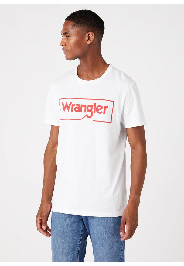 Wrangler - WRANGLER FRAME LOGO TEE MĘSKI T-SHIRT KOSZULKA NADRUK WHITE W7H3D3989 112146326. Wzór: nadruk