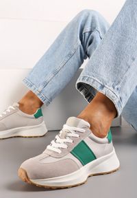 Renee - Beżowo-Zielone Skórzane Sneakersy z Materiałowymi Wstawkami Celana. Kolor: beżowy. Materiał: materiał, skóra. Wzór: aplikacja