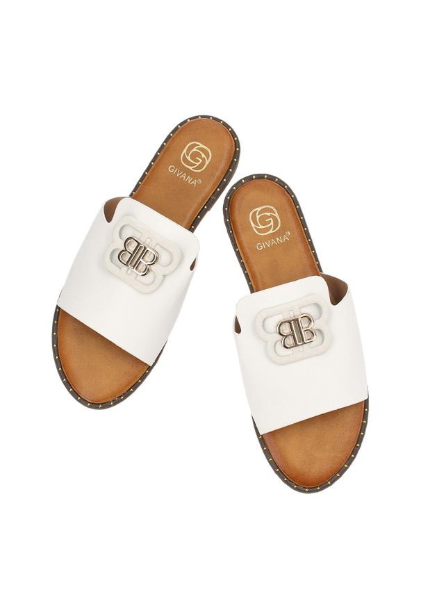 Białe Klapki Givana Modne Obuwie Damskie. Okazja: na imprezę. Kolor: biały. Sezon: lato. Styl: elegancki
