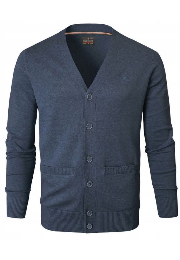 Bawełniany Sweter Męski, Rozpinany (Kardigan) - Pako Jeans - Jasny Granat. Okazja: na spotkanie biznesowe, do pracy. Kolor: niebieski. Materiał: bawełna. Styl: biznesowy, klasyczny