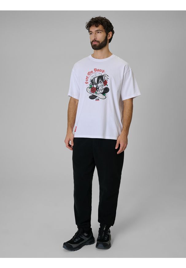 4f - 4F T-shirt loose z nadrukiem męski - biały L. Okazja: na co dzień. Kolor: biały. Materiał: dzianina, bawełna, materiał. Wzór: nadruk. Styl: casual