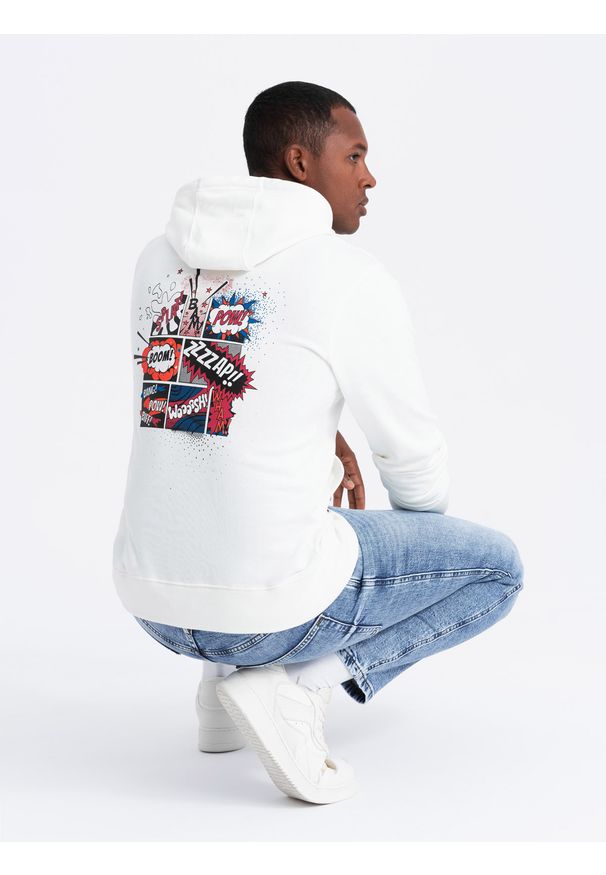 Ombre Clothing - Bluza męska hoodie z nadrukiem na plecach - ecru V3 - Rozmiar: L. Materiał: bawełna. Wzór: nadruk
