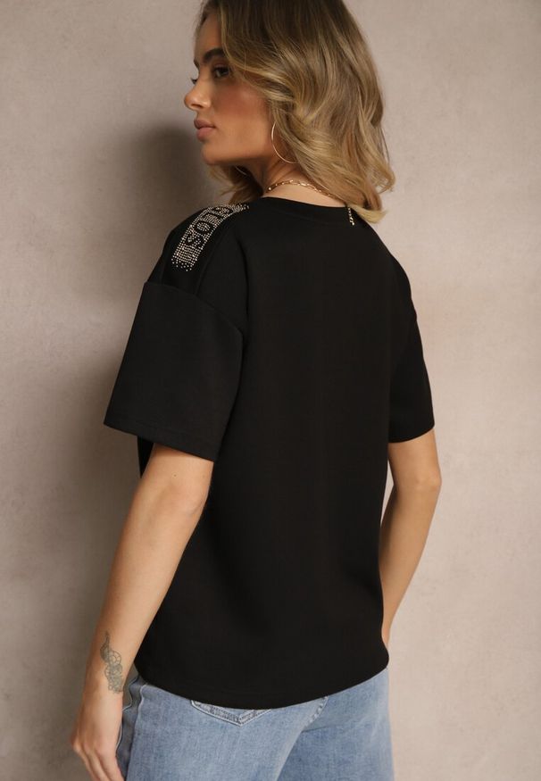 Renee - Czarny T-shirt z Dekoltem w Serek Fonellea. Okazja: na co dzień. Typ kołnierza: dekolt w serek. Kolor: czarny. Materiał: jeans. Styl: casual