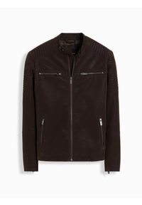 Ombre Clothing - Męska kurtka biker w stylu retro ze stójką – brązowa V1 - Rozmiar: L. Typ kołnierza: kołnierzyk stójkowy. Kolor: brązowy. Materiał: skóra, poliester, materiał. Styl: retro