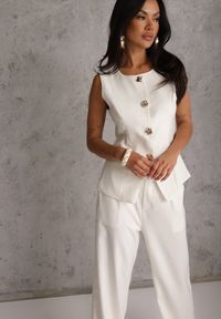 Renee - Biały Komplet z Bawełną w Garniturowym Stylu Kamizelka i Spodnie Meloreida. Kolor: biały. Materiał: bawełna. Wzór: gładki #8