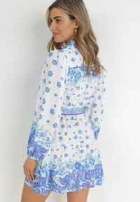 Born2be - Niebieska Koszulowa Sukienka z Guzikami i Gumką w Pasie Melija. Kolor: niebieski. Materiał: materiał. Wzór: kwiaty. Sezon: wiosna, lato. Typ sukienki: koszulowe #3