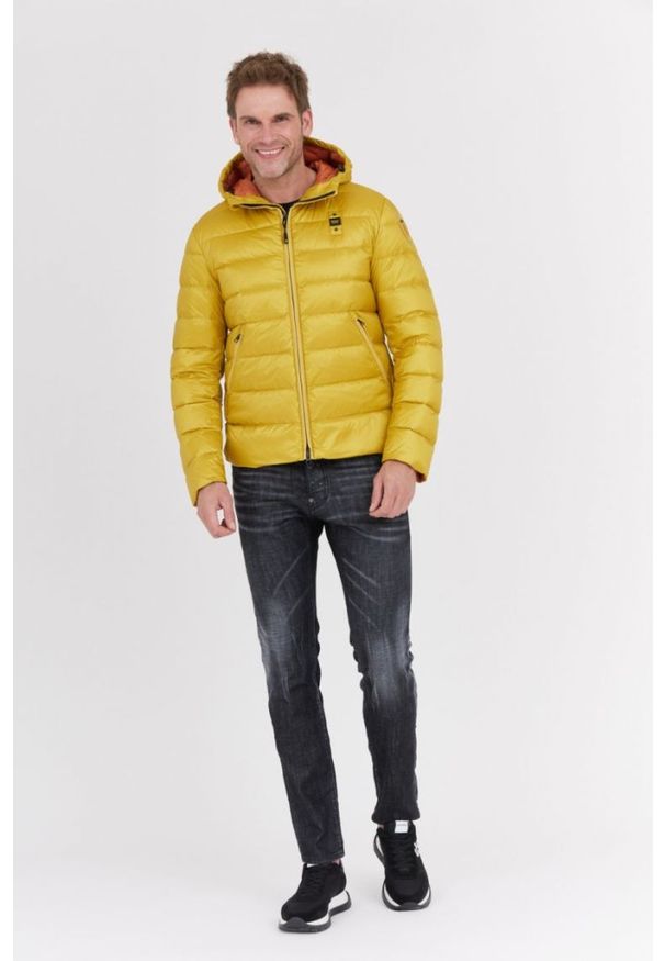Blauer USA - BLAUER Żółta męska puchowa kurtka Sergio z kapturem, Rozmiar XL. Typ kołnierza: kaptur. Kolor: żółty. Materiał: puch