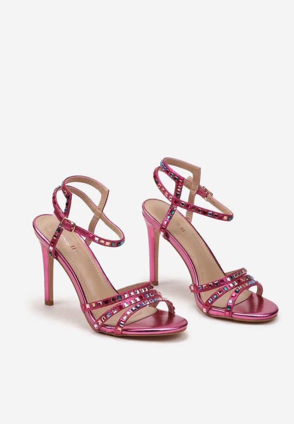 Born2be - Fuksjowe Sandały Metaliczne z Kryształkami Olmali. Zapięcie: sprzączka. Kolor: różowy. Wzór: kolorowy. Obcas: na szpilce