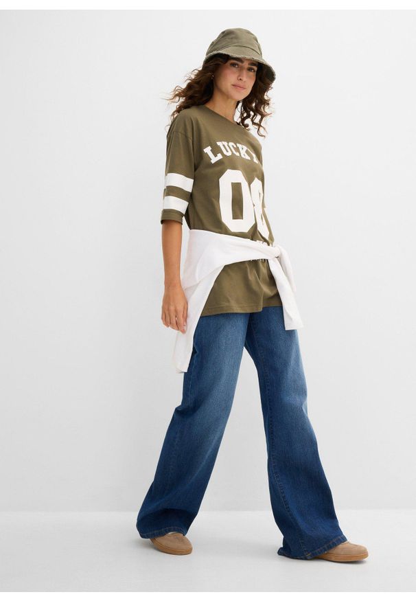 bonprix - Shirt oversize z czystej bawełny organicznej. Kolor: zielony. Materiał: bawełna. Wzór: nadruk