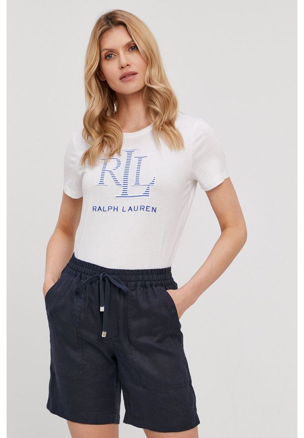 Lauren Ralph Lauren - T-shirt. Kolor: biały. Materiał: dzianina. Wzór: aplikacja