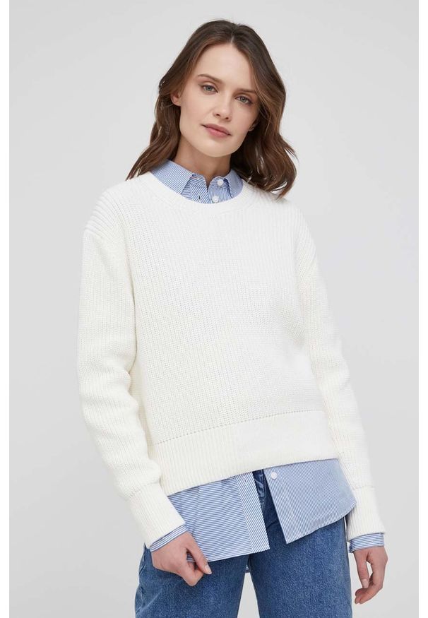 Marc O'Polo Sweter bawełniany damski kolor beżowy. Okazja: na co dzień. Typ kołnierza: polo. Kolor: beżowy. Materiał: bawełna. Długość rękawa: długi rękaw. Długość: długie. Styl: casual